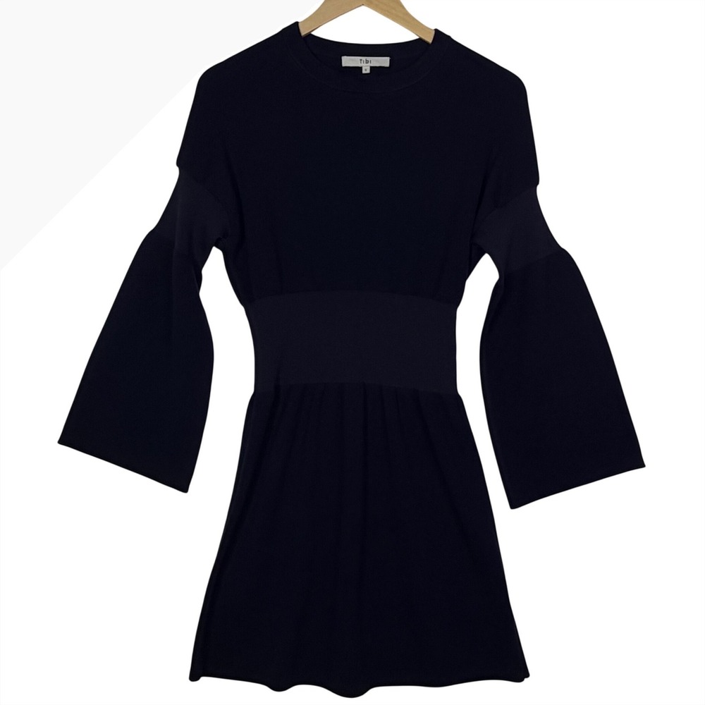 Tibi Womens Size Small‎ Navy Blue Merino Wool Knit Sweater Dress Bell Sleeve